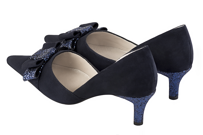 Navy blue women's open arch dress pumps. Pointed toe. Medium slim heel. Rear view - Florence KOOIJMAN